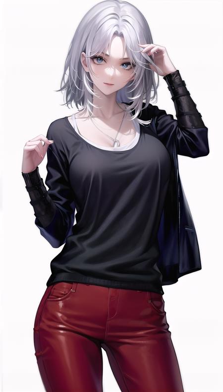 121204-2197520812-white hair,_(casual_1.28),_lady,mature female, cowboy shot,_(white background,simple background_1.18),_highres,official art,orig.png